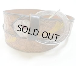 画像1: 牛革カービング花柄　レザーベルト