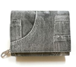 画像1: デニム模様　ショート財布　ブラック