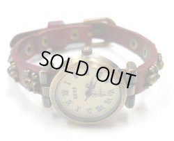 画像1: 牛革スカルスタッズレザーウォッチ　レッド