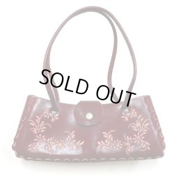 画像1: 牛革花柄型押しハンドバッグ　赤茶