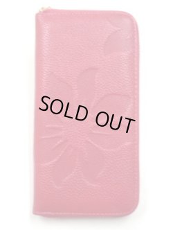 画像1: 牛革花柄型押しレザーウォレット　ファスナータイプ　ピンク