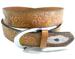 画像1: 牛革カービング唐草　レザーベルト