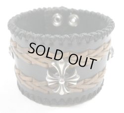 画像1: 牛革編み込みレザーブレス メタルコンチョ3個付き