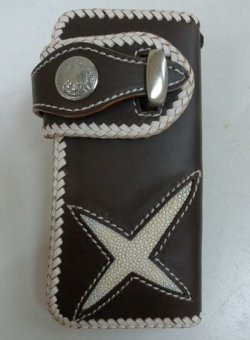 画像1: 牛革×エイ革スティングレイ十字　レザーウォレット　茶