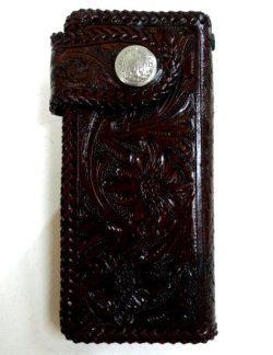 画像1: 牛革カービング花柄　レザーウォレット　こげ茶