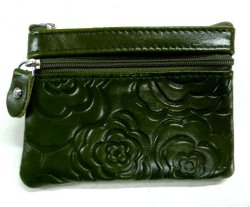 画像1: 牛革花柄型押しコインケース ダークグリーン