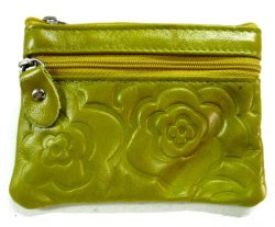 画像1: 牛革花柄型押しコインケース イエローグリーン