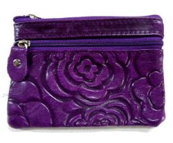画像1: 牛革花柄型押しコインケース パープル