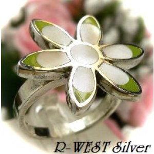 画像: シェルリング　花模様　グリーン