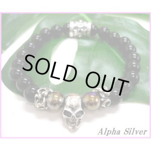 画像: 【alpha silver】天然石8mmオニキススカルヘッド数珠ブレス　サイズS/M/L