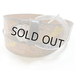 画像: 牛革カービング花柄　レザーベルト