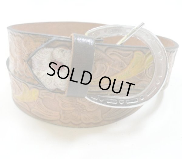 画像1: 牛革カービング花柄　レザーベルト