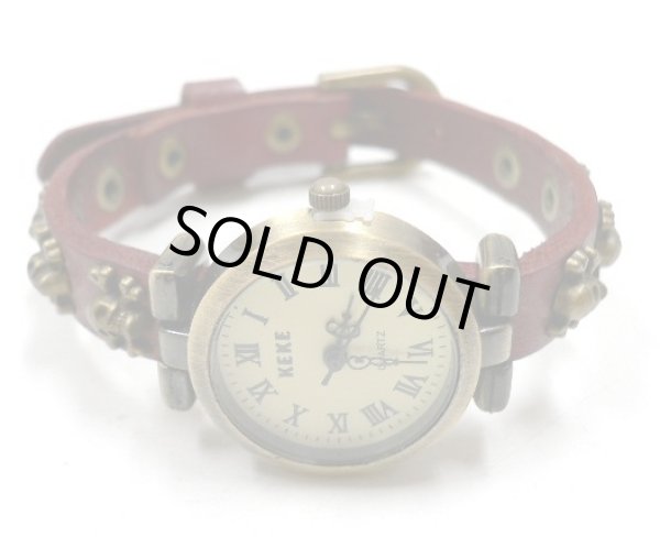 画像1: 牛革スカルスタッズレザーウォッチ　レッド