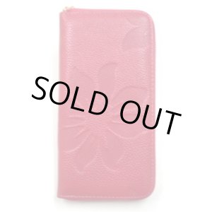 画像: 牛革花柄型押しレザーウォレット　ファスナータイプ　ピンク