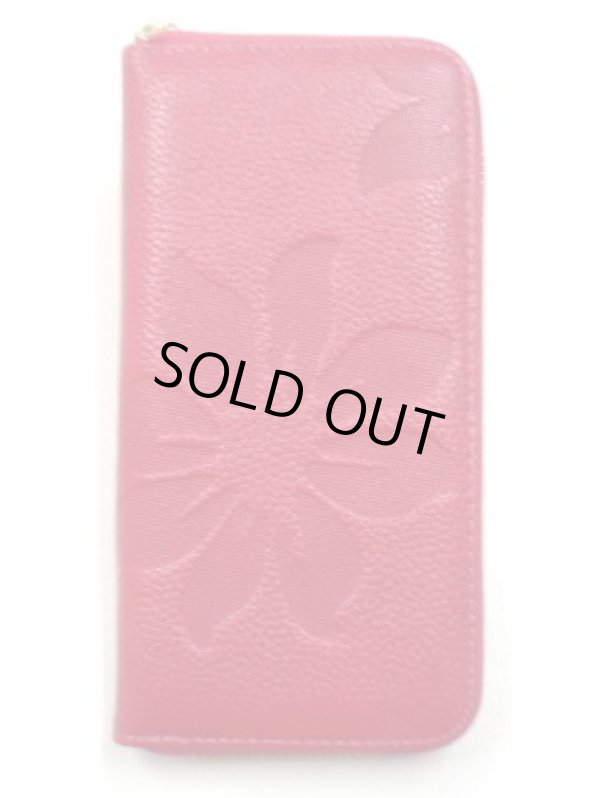 画像1: 牛革花柄型押しレザーウォレット　ファスナータイプ　ピンク