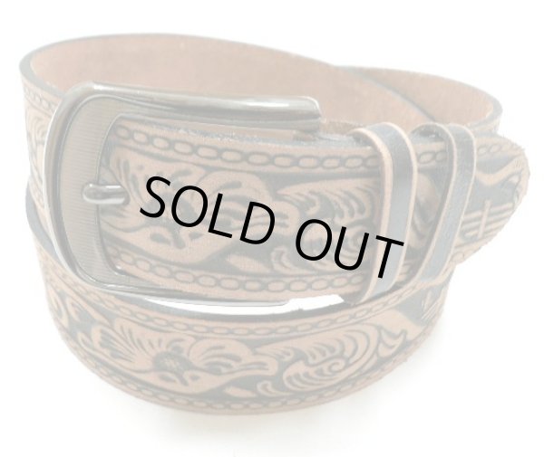 画像1: 牛革カービング花柄バッファロー　レザーベルト