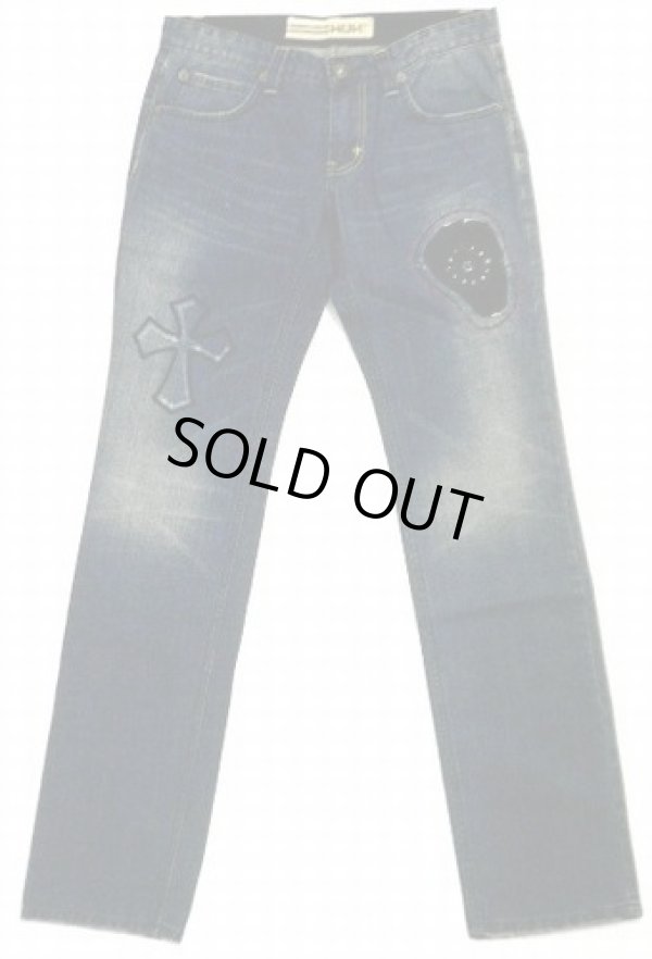 画像1: 【アウトレット】HUHスタッズ十字架刺繍ジーンズ訳有品　サイズM/XLより