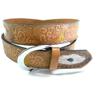 画像: 牛革カービング唐草　レザーベルト