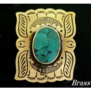 画像: ターコイズ付レクタングルプレート　ブラスコンチョ　直径31mm×25mm 