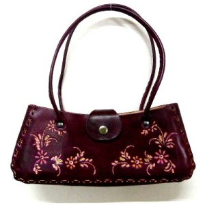 画像: 牛革花柄型押しハンドバッグ　エンジ