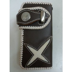 画像: 牛革×エイ革スティングレイ十字　レザーウォレット　茶