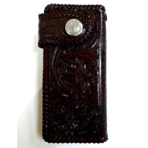 画像: 牛革カービング花柄　レザーウォレット　こげ茶