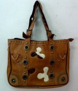 画像: 牛革×本ハラコmixスタッズトートバッグ　茶