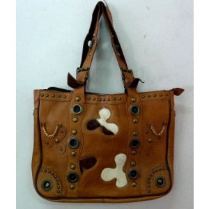 画像: 牛革×本ハラコmixスタッズトートバッグ　茶