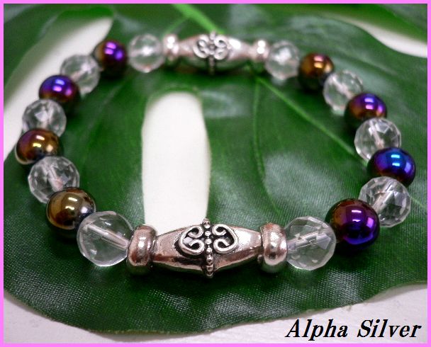 画像1: 【alpha silver】天然石8mmオニキスオーラ×カット水晶数珠ブレス　サイズS/M/L