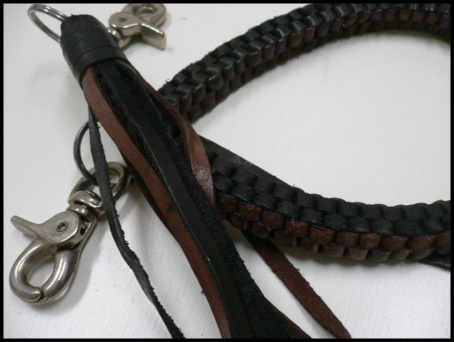 画像: 牛革9本スクエア編み込みウォレットチェーン極太　黒×焦茶