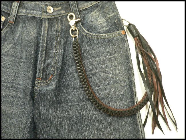 画像: 牛革9本スクエア編み込みウォレットチェーン極太　黒×焦茶