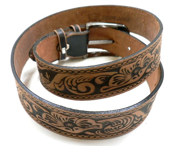 画像: 牛革カービング花柄バッファロー　レザーベルト