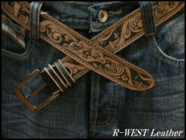画像: 牛革カービング花柄バッファロー　レザーベルト