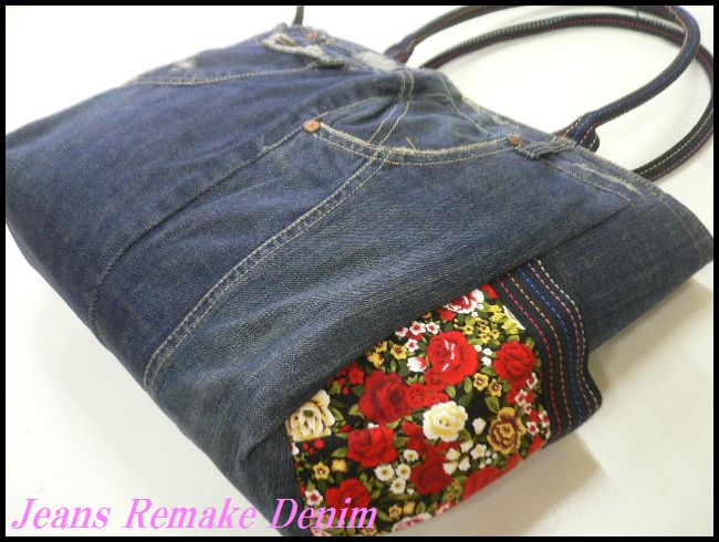 画像: ジーンズリメイクデニムハンドバッグ 花柄mix