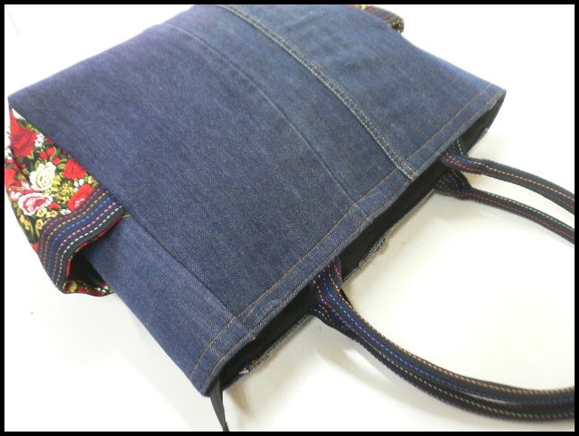 画像: ジーンズリメイクデニムハンドバッグ 花柄mix