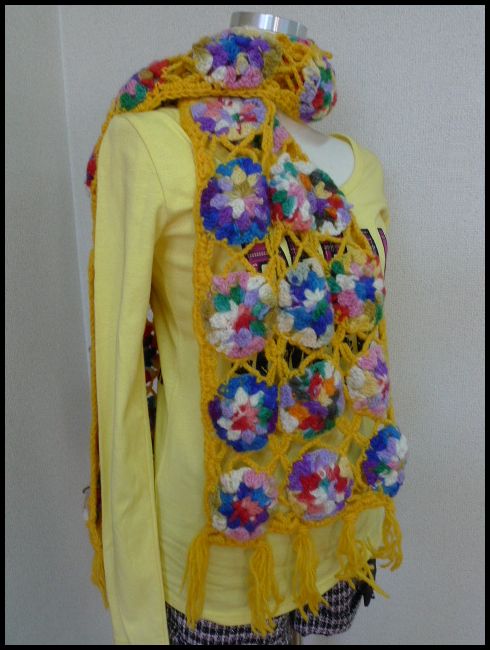 画像: ネパール製　手編みロングウールマフラー　イエロー