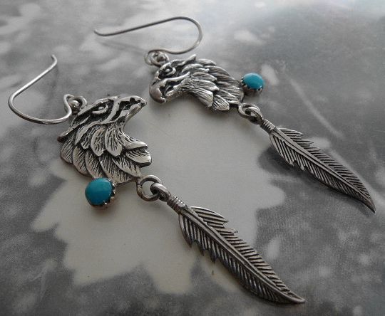 画像: シルバーピアス　ターコイズ付イーグルフェザー