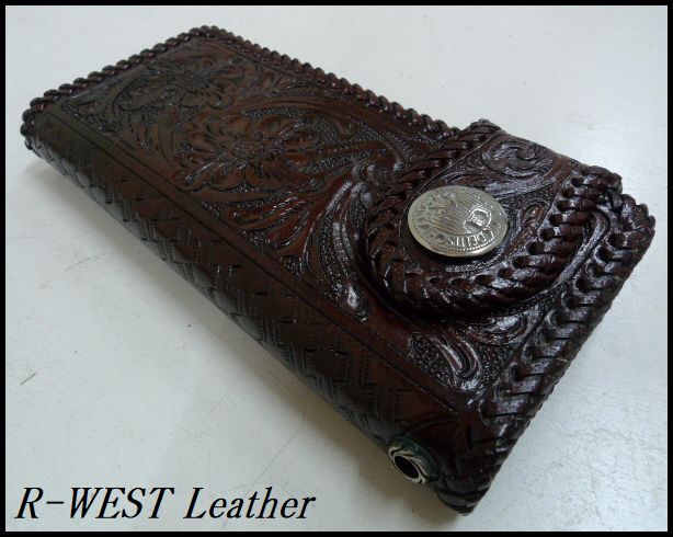 画像: 牛革カービング花柄　レザーウォレット　こげ茶