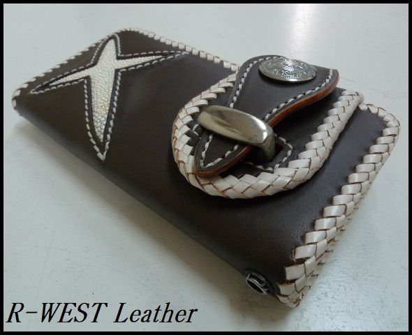 画像: 牛革×エイ革スティングレイ十字　レザーウォレット　茶