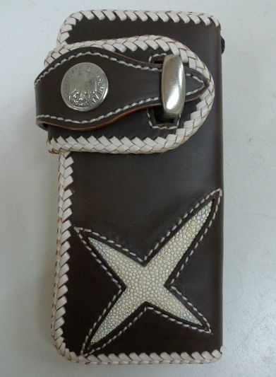 画像1: 牛革×エイ革スティングレイ十字　レザーウォレット　茶