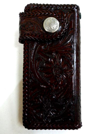 画像1: 牛革カービング花柄　レザーウォレット　こげ茶