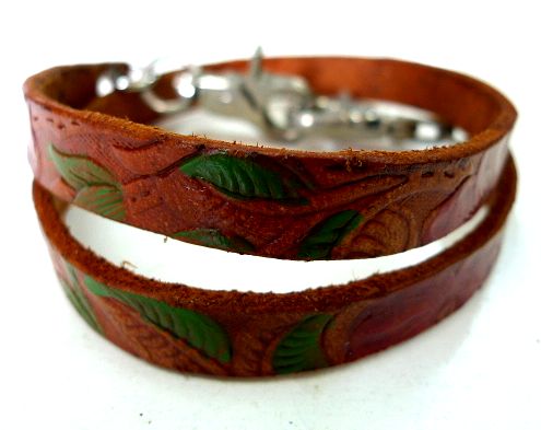 画像1: 牛革ウォレットコード　花柄型押し