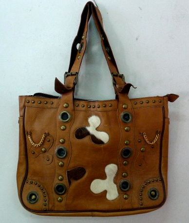 画像1: 牛革×本ハラコmixスタッズトートバッグ　茶