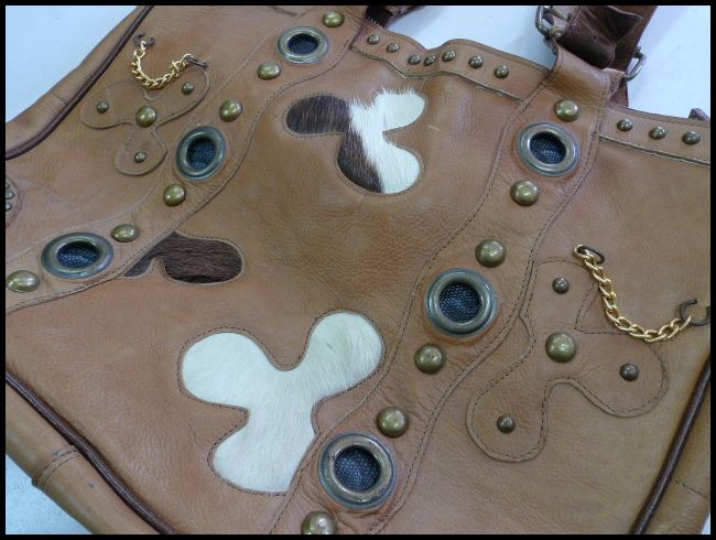 画像: 牛革×本ハラコmixスタッズトートバッグ　茶