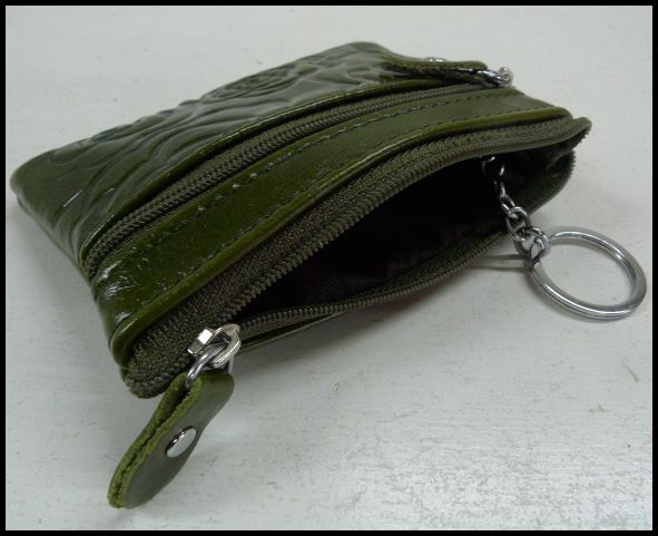 画像: 牛革花柄型押しコインケース ダークグリーン