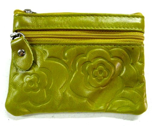 画像1: 牛革花柄型押しコインケース イエローグリーン