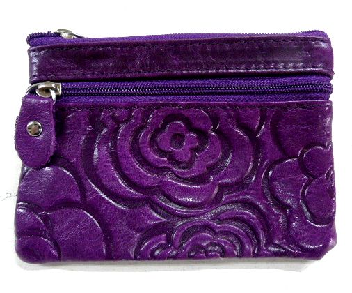 画像1: 牛革花柄型押しコインケース パープル