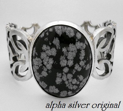 画像: 【alpha silver】サイドスコーピオン天然石スノーフレークオブシディアンバングル